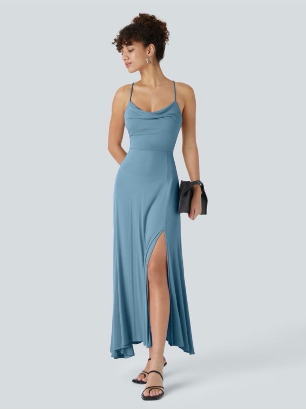 Halara Ribbed Cowl Neck Lace Up Blue Midi Dress with Thigh Slit size XL
